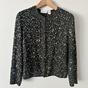Scala Black Silk Silver & Gold Beaded Sequin Jacket women's size medium vintage